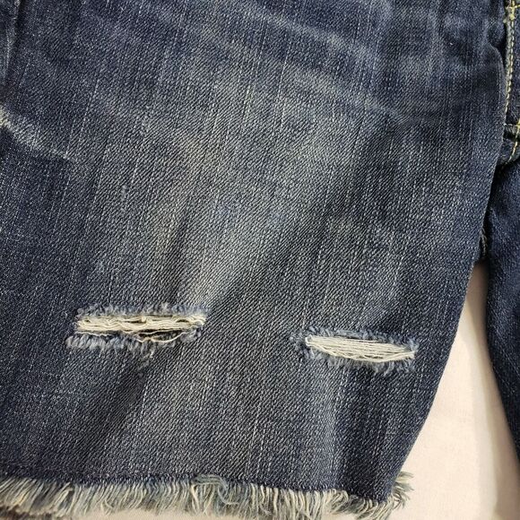 Mossimo Womens Shorts Sz 00 Boyfriend Raw Hem Dark Blue Denim Low Rise Destroyed - Picture 5 of 9